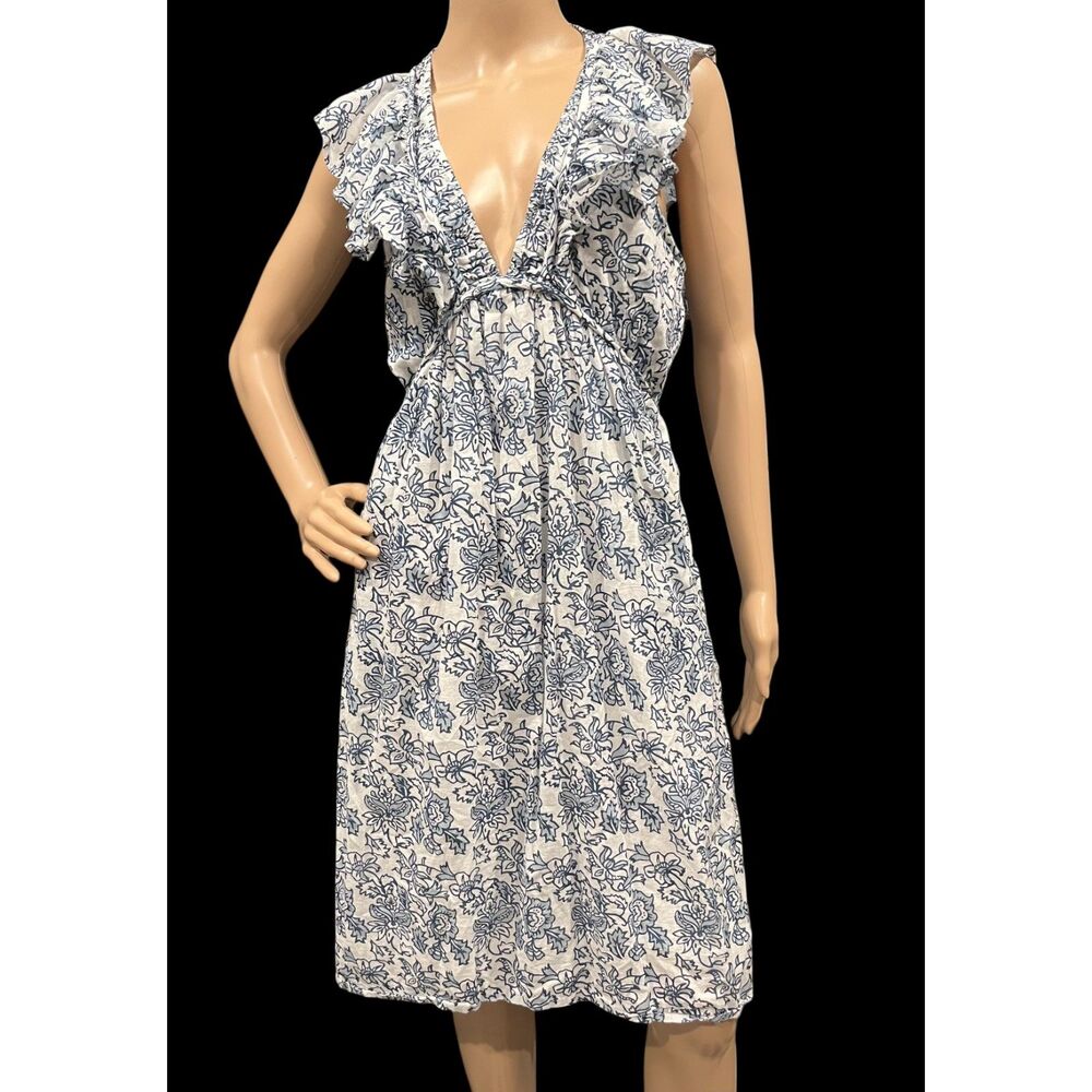 ROLLER RABBIT Blue & White Ruffled Sleeveless Floral Midi Dress Sz S